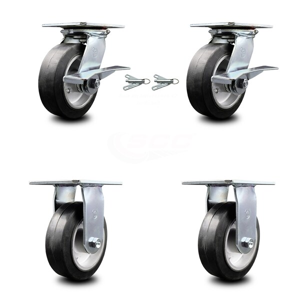 6 Inch Rubber on Aluminum Caster Brakes/Swivel Locks and 2 Rigid SCC, 2PK